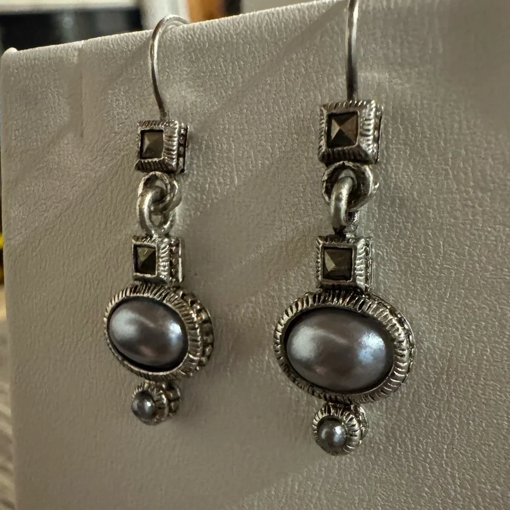 Artisan Pearl Drop Handmade Sterling Silver Earrings Modern Vintage Signed LC